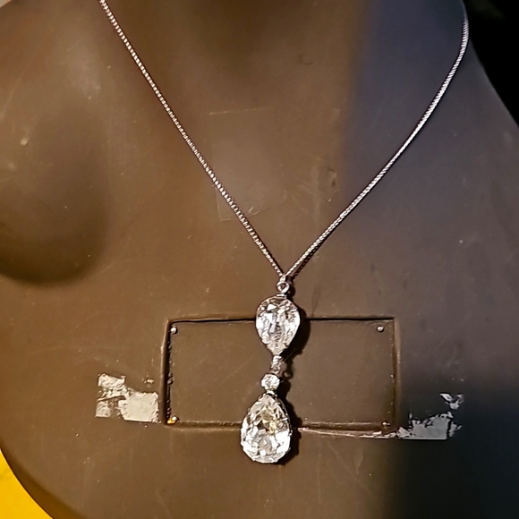 Silvertone Necklace w/Detachable Large Double Pear Shape Pendant, 16" Length - Picture 1 of 4
